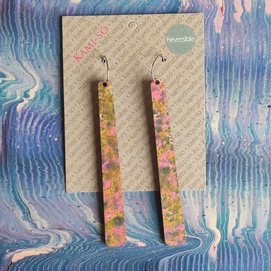 Reversible Paddle Recycled Paper Earrings - Blue Stripe / Gold & Pink Speckle