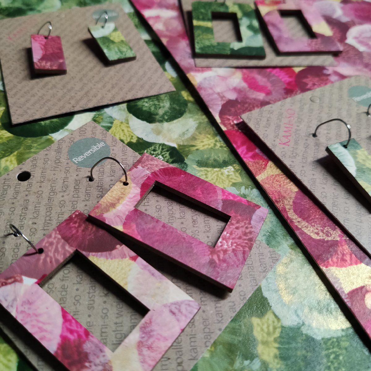 Reversible Rectangle Recycled Paper Earrings - Khaki & Gold / Mauve & Gold