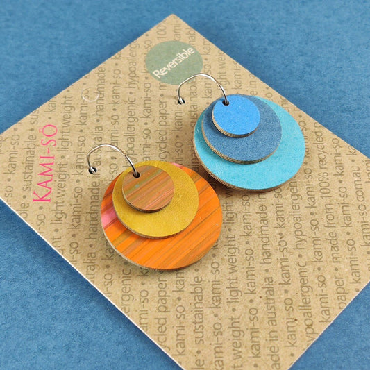 Reverse-A-Tile Expanding Circle Recycled Paper Earrings - Orange Stripe & Gold / Three Blue Mix