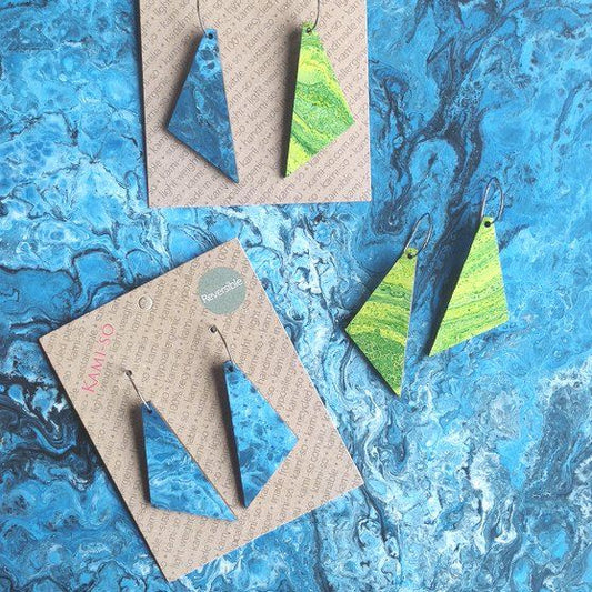 Reversible Triangle Recycled Paper Earrings - Blue / Green