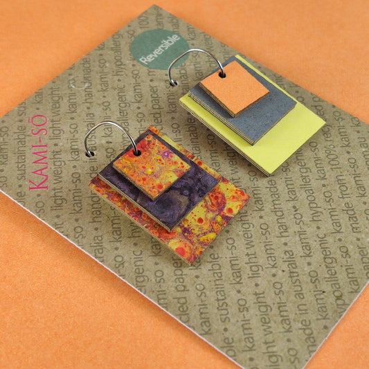 Reverse-A-Tile Expanding Rectangle Recycled Paper Earrings - Orange Speckle & Purple / Orange, Grey & Yellow