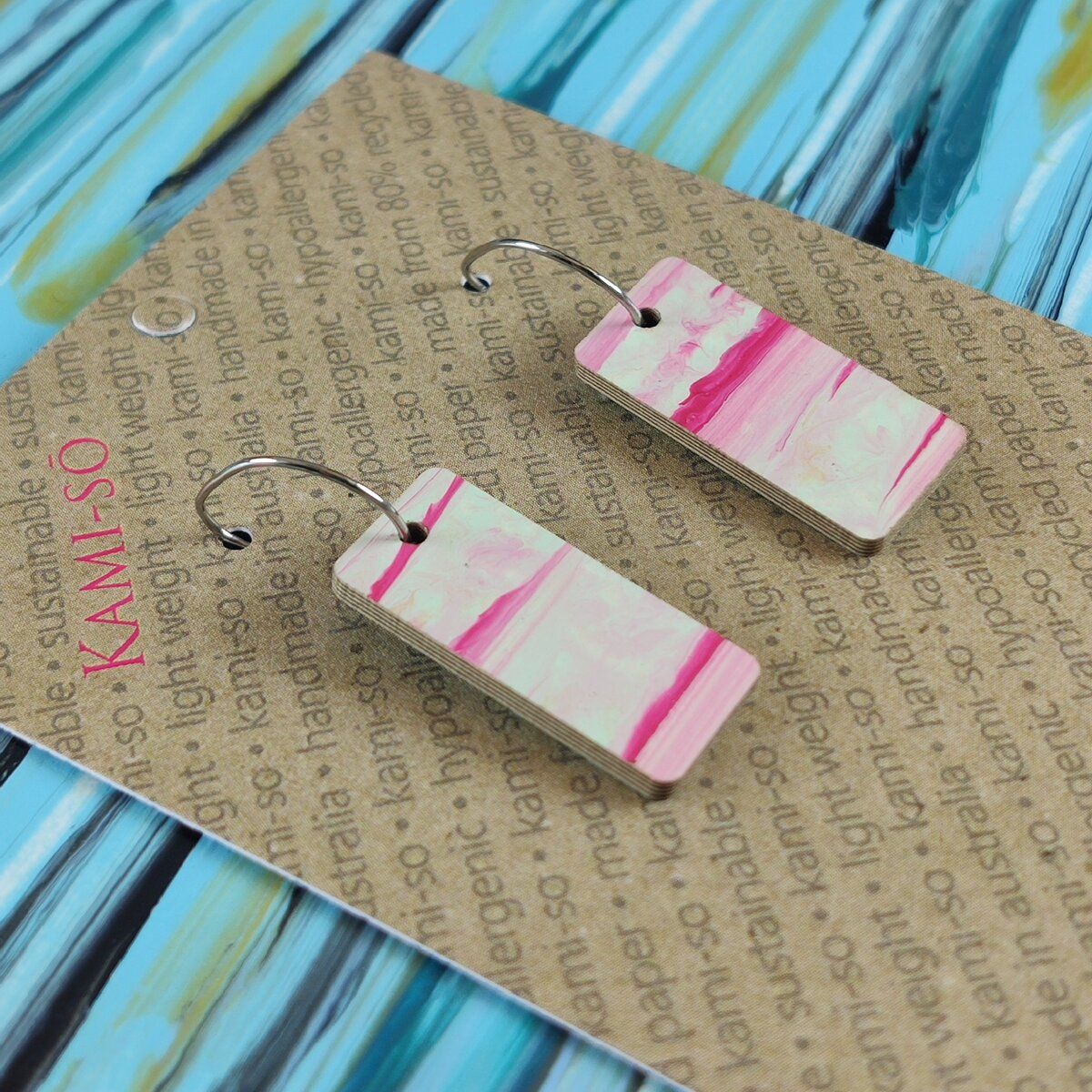 Reversible Rectangle Recycled Paper Earrings - Blue Swipe / Red Swipe