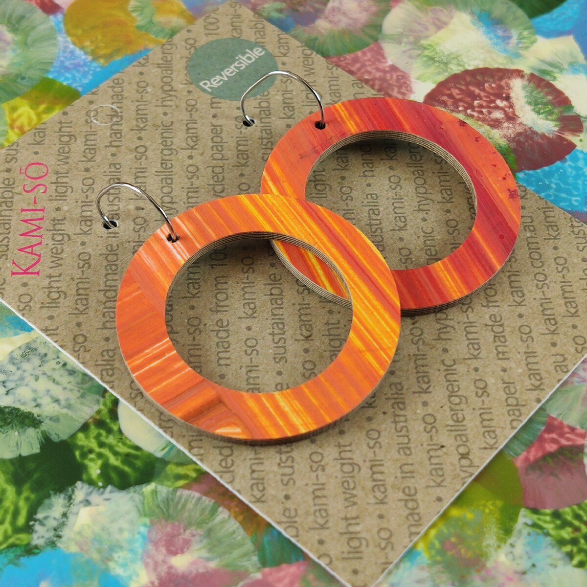 Reversible Circle Recycled Paper Earrings - Orange Swipe / Blue, Green, Plum & Gold