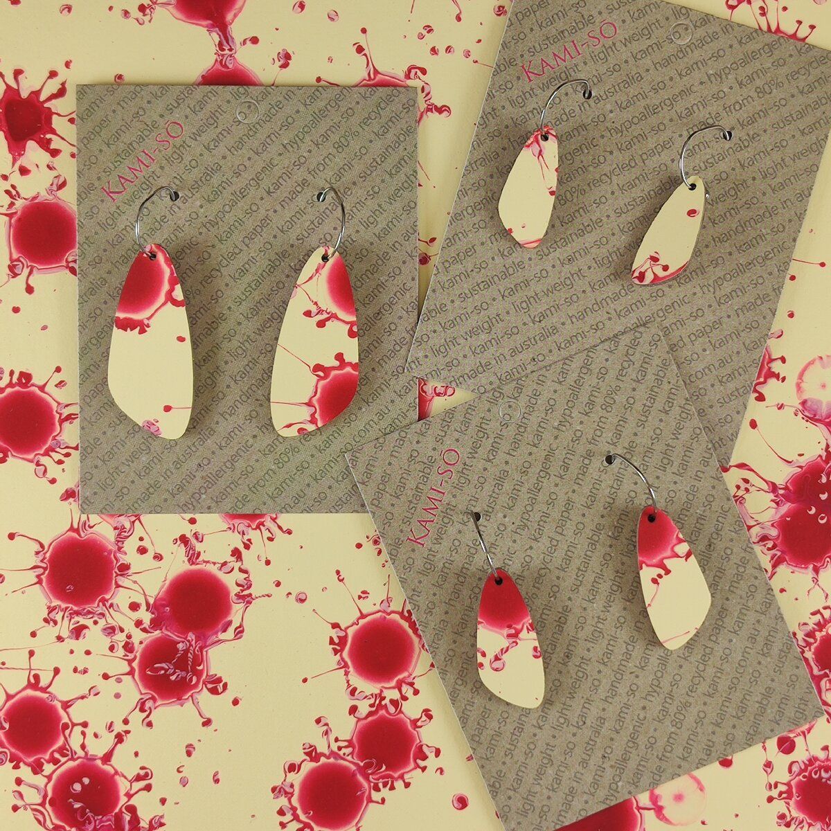 Oval Recycled Paper Earrings - Red Splash