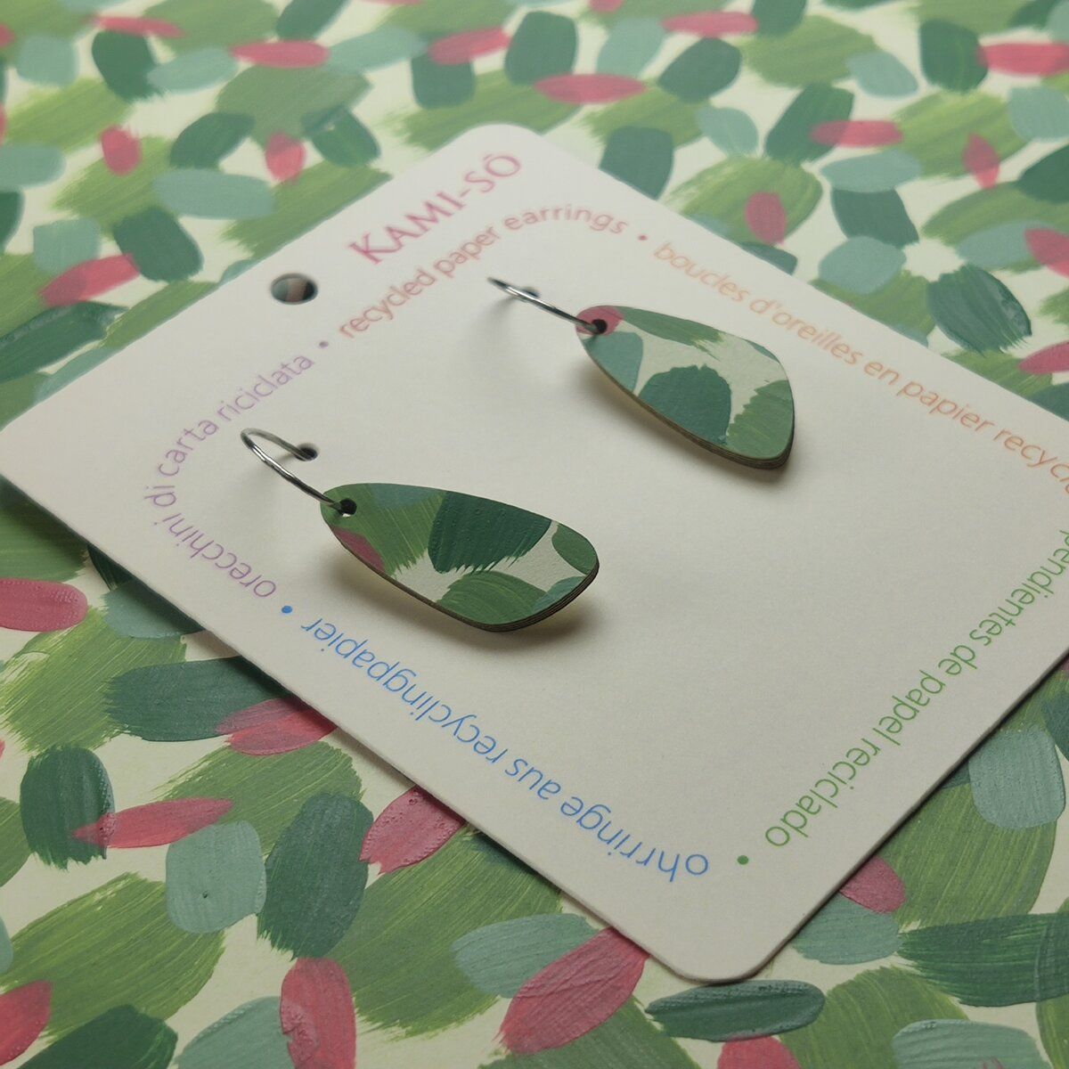 Oval Recycled Paper Earrings - Green & Rose