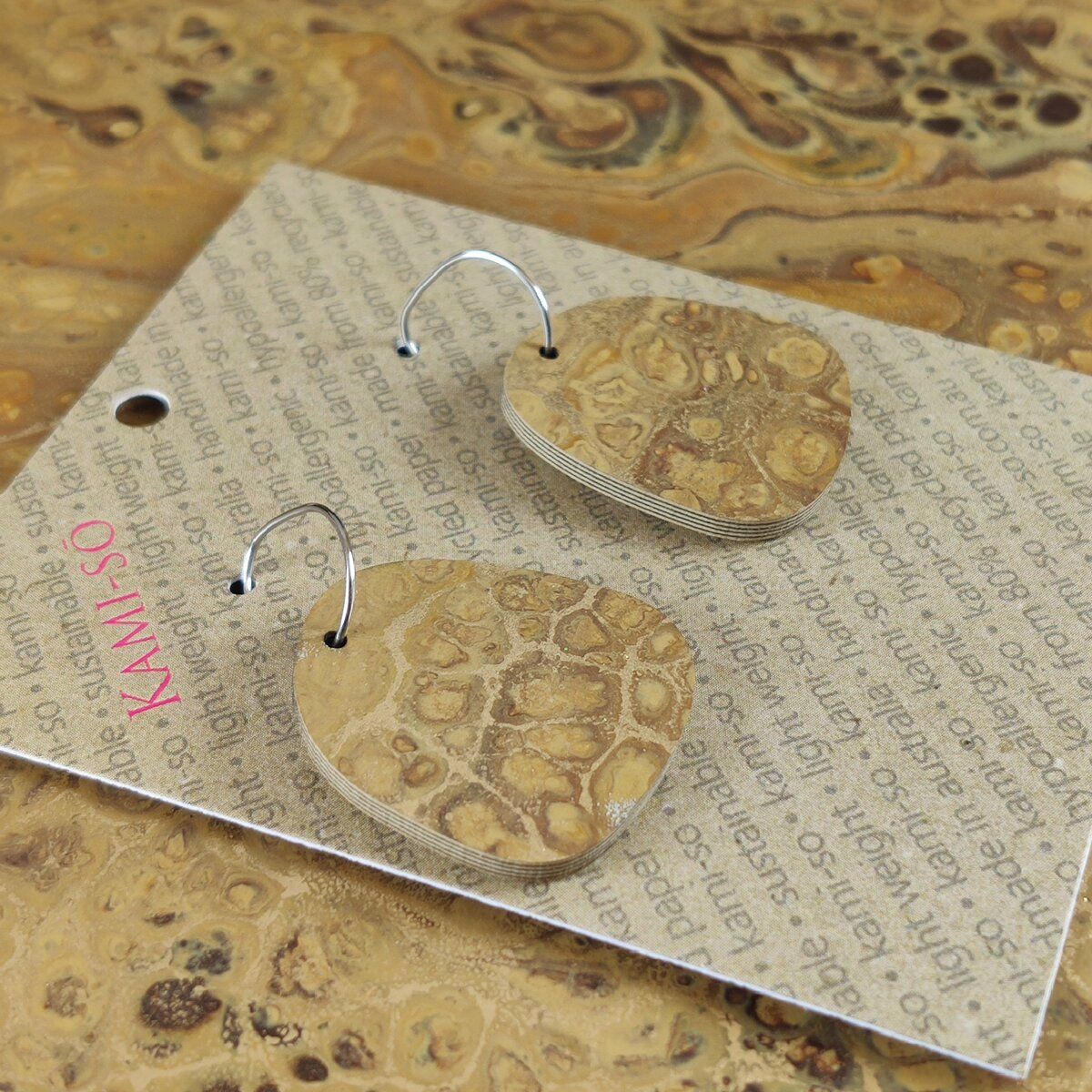 Square Recycled Paper Earrings - Latte & Gold Crackle