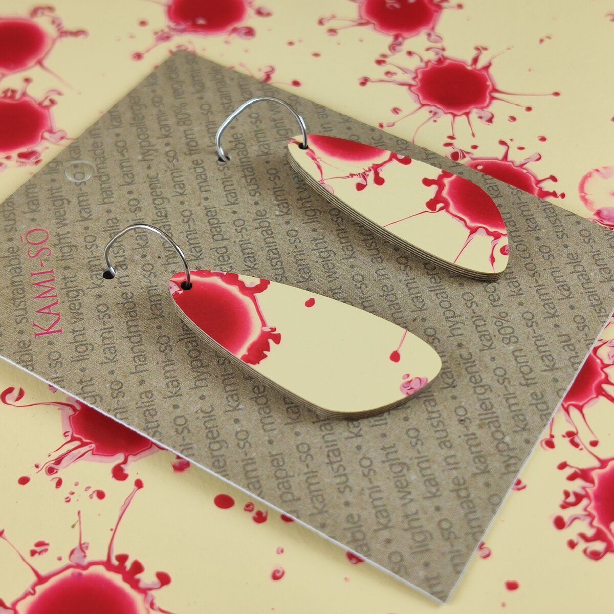 Oval Recycled Paper Earrings - Red Splash