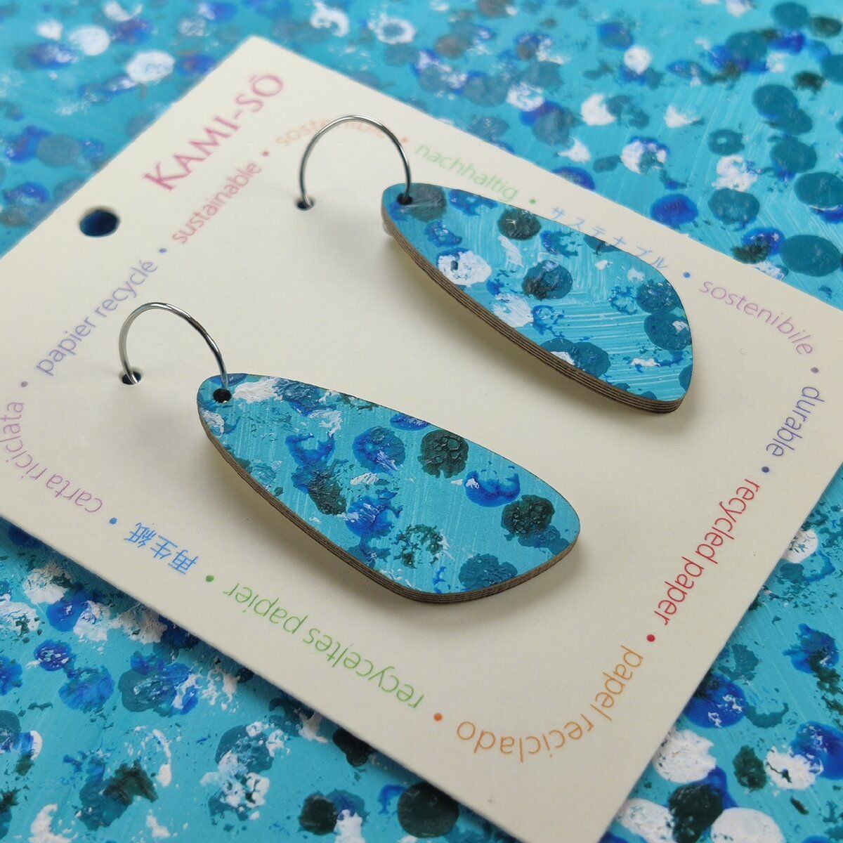 Oval Recycled Paper Earrings - Blue Dots