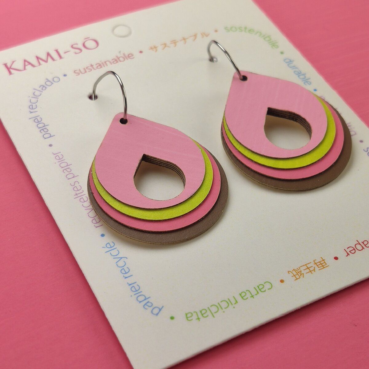 Circle Hoop Layered Recycled Paper Earrings - Pink, Lime & Brown