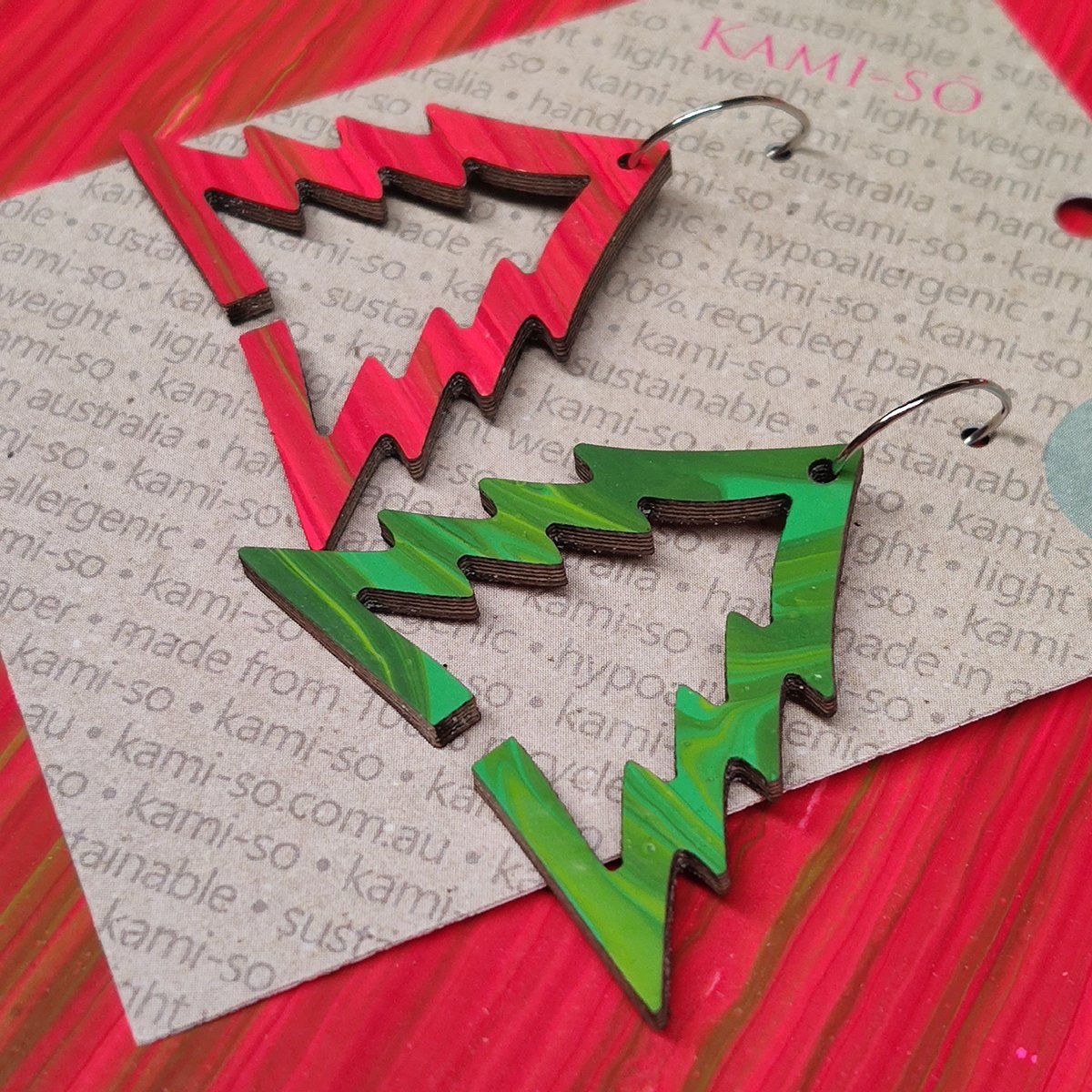 Reversible Christmas Tree Recycled Paper Earrings - Red Stripes / Green