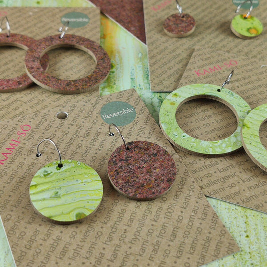 Reversible Circle Recycled Paper Earrings - Mint & Gold / Dark Brown Speckle