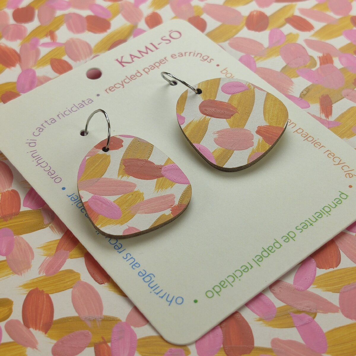 Square Recycled Paper Earrings - Pink, Mustard & Terracotta