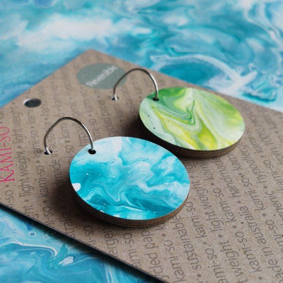 Reversible Circle Recycled Paper Earrings - Green / Blue