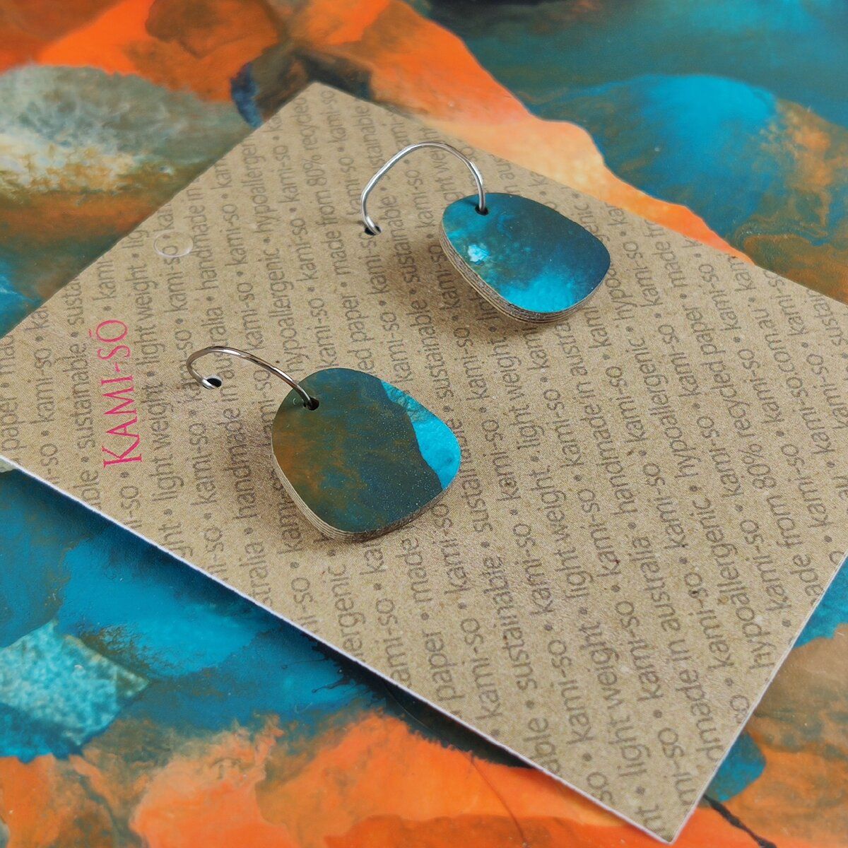 Square Recycled Paper Earrings - Blue & Orange