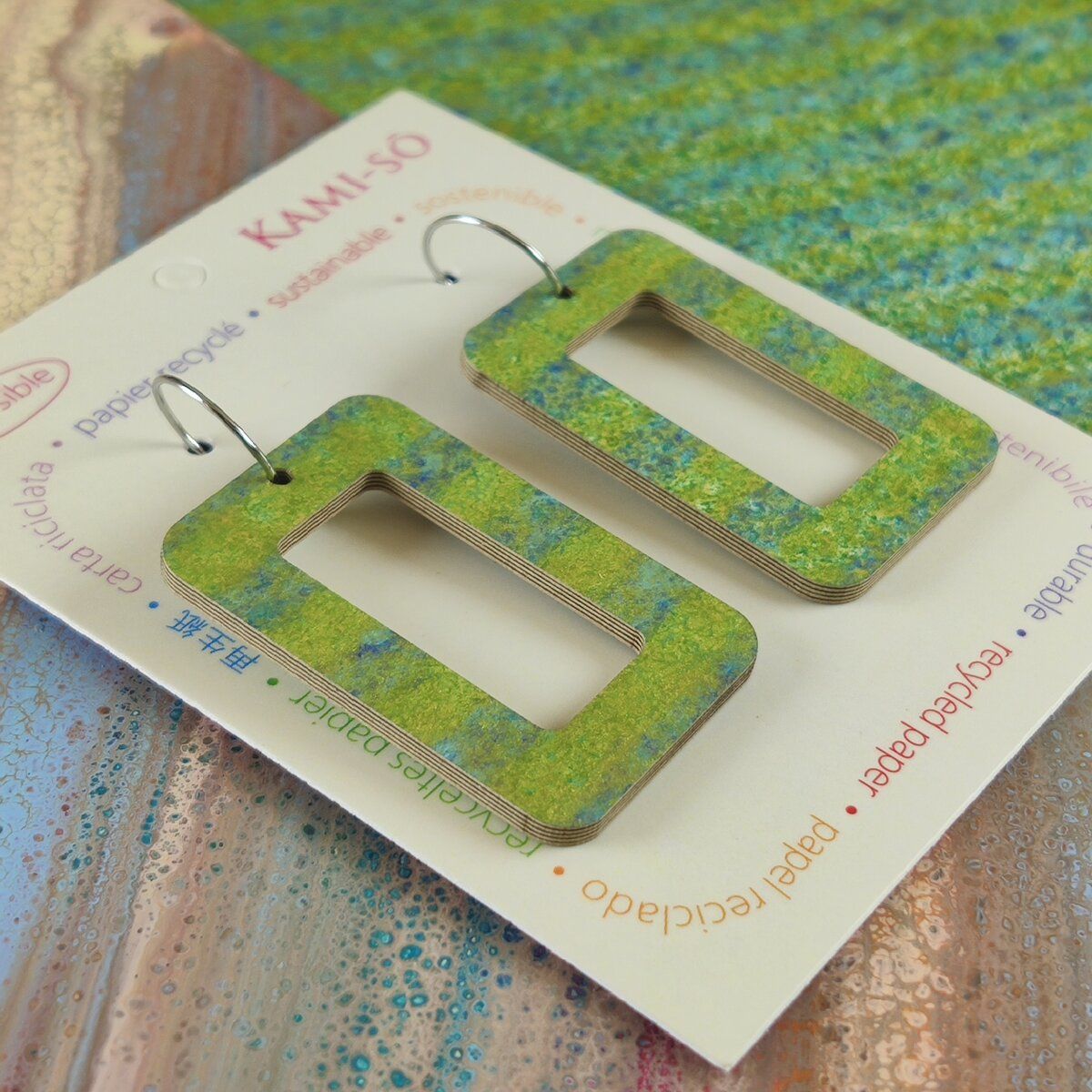 Reversible Rectangle Recycled Paper Earrings - Muted Slate Crackle / Blue Green Speckle