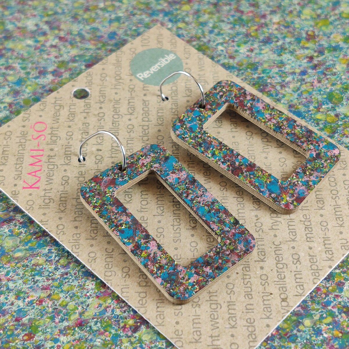 Reversible Rectangle Recycled Paper Earrings - Dark Speckle / Lilac