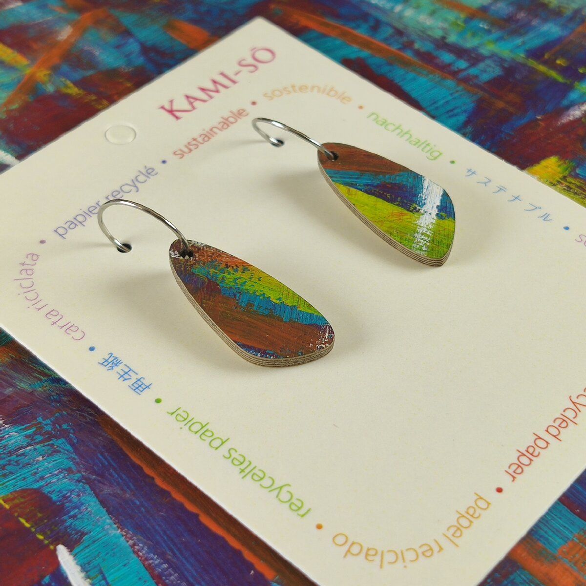 Oval Recycled Paper Earrings - Dark Blue, Red Yellow & Orange Brushstrokes