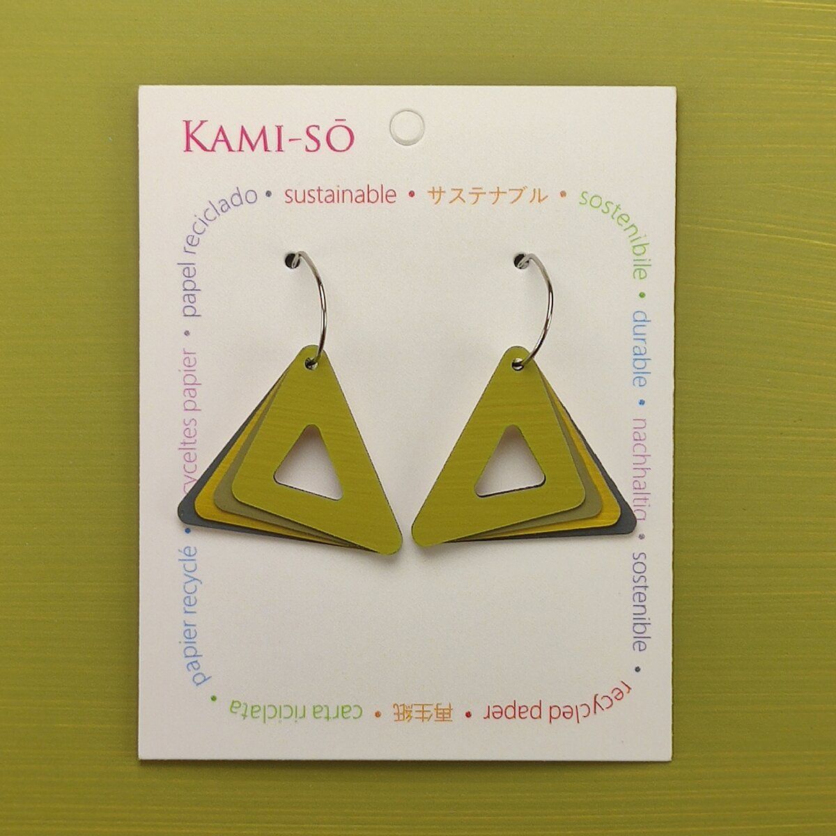 Triangle Layered Recycled Paper Earrings - Olive & Grey