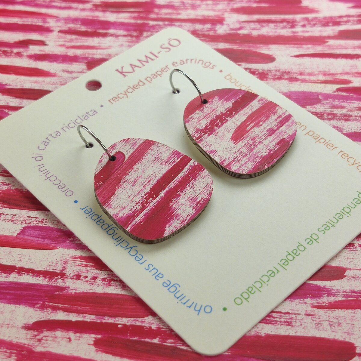 Square Recycled Paper Earrings - Red Stripes