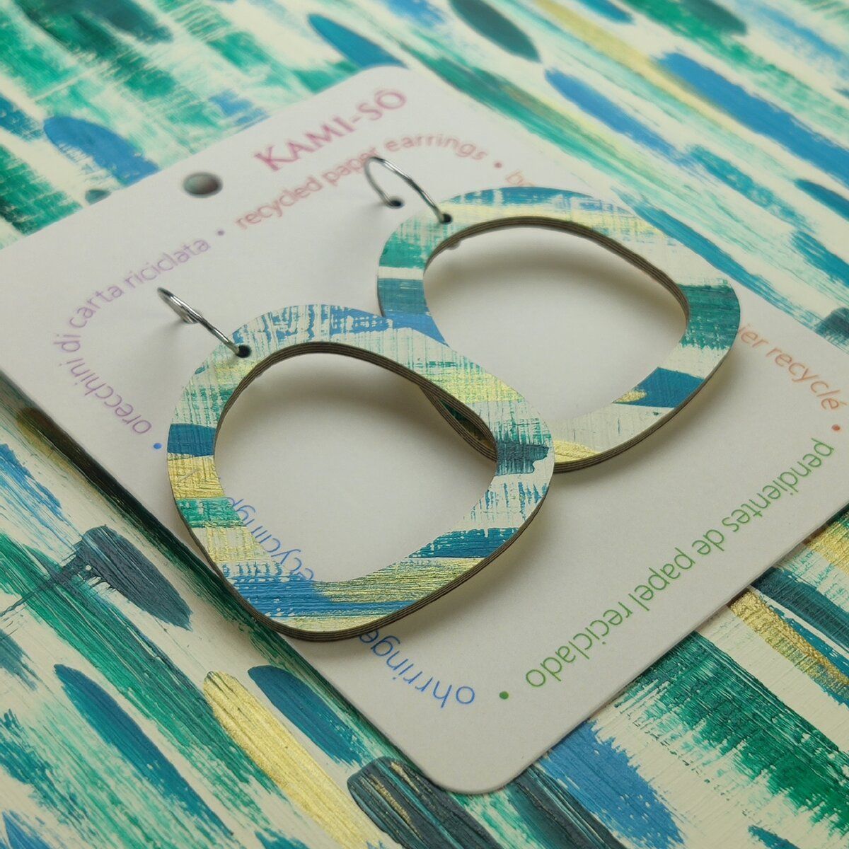 Square Recycled Paper Earrings - Green, Teal & Gold