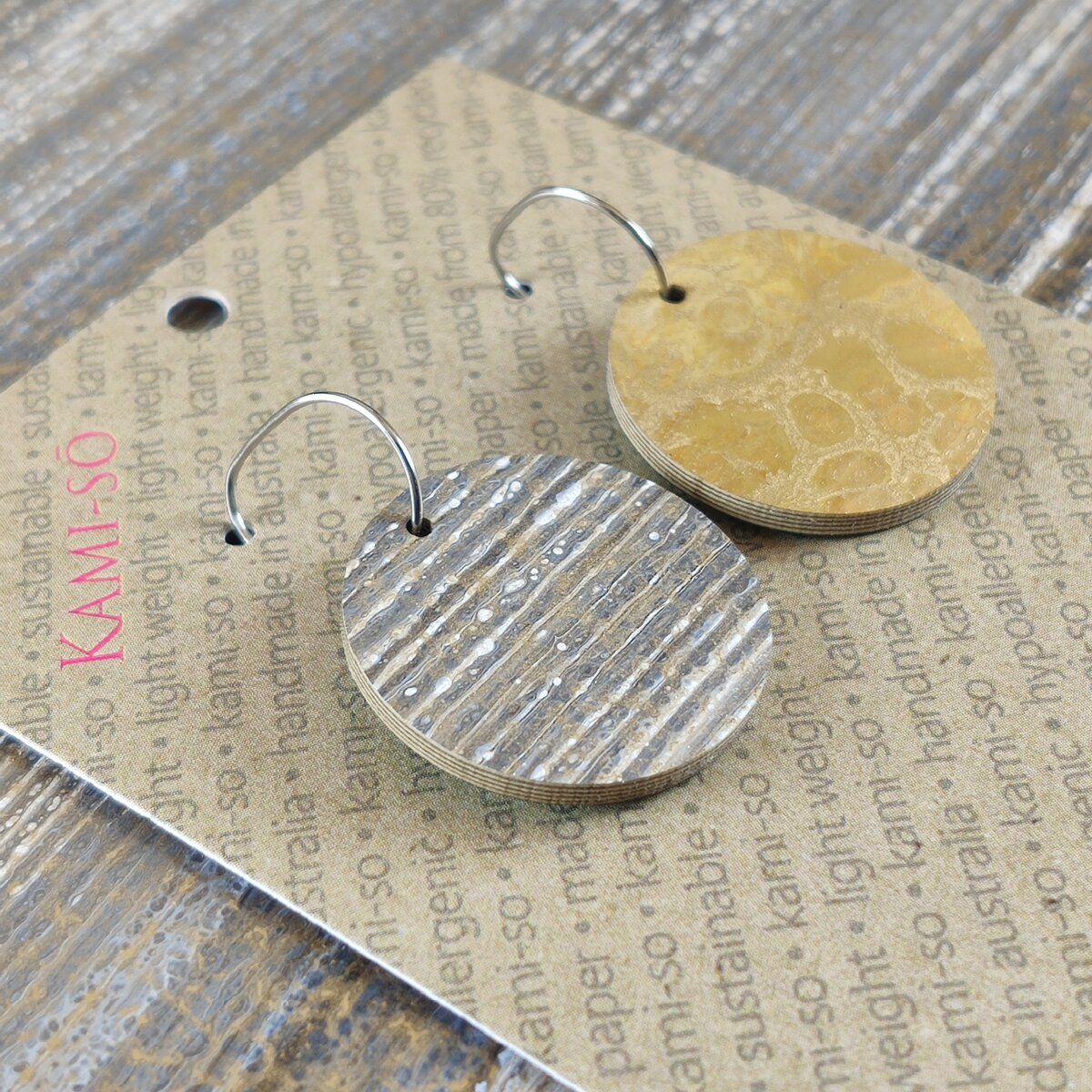 Reversible Circle Recycled Paper Earrings - Grey & Gold / Latte