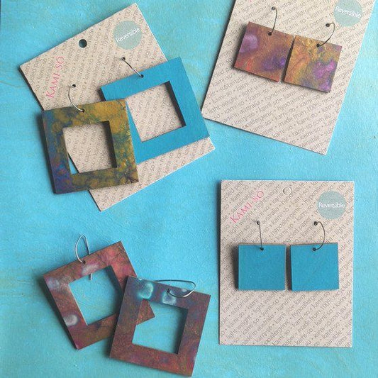 Reversible Square Recycled Paper Earrings - Dark Gold Multicolour / Blue