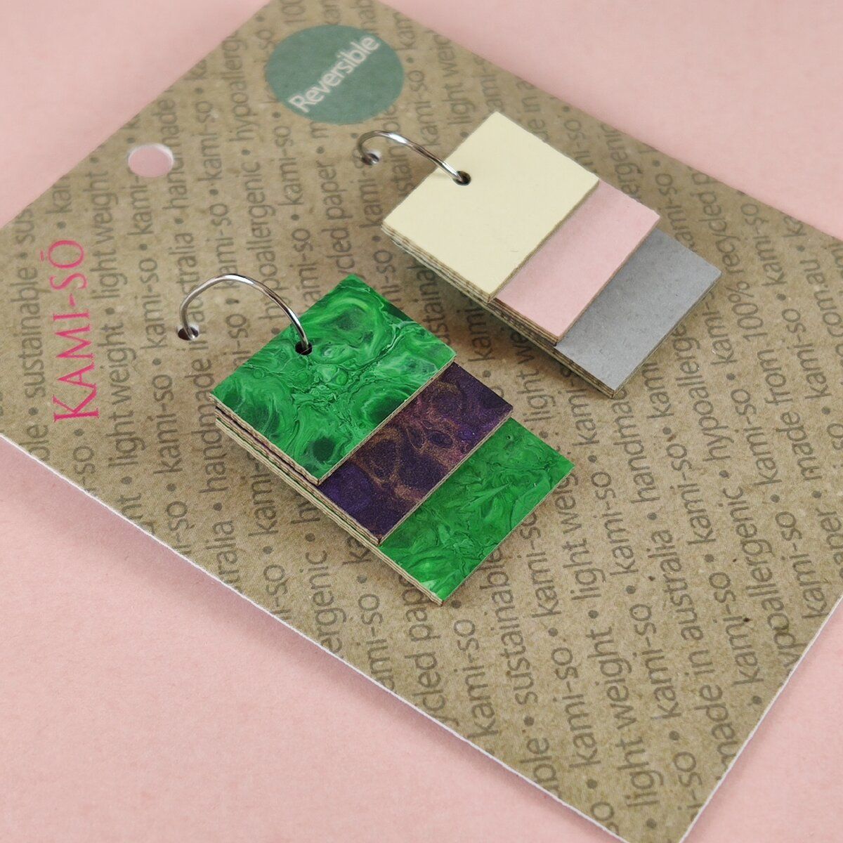 Reverse-A-Tile Fan Rectangle Recycled Paper Earrings - Green & Purple / Cream, Blush & Light Grey