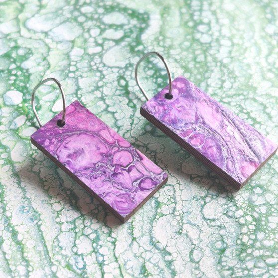 Reversible Rectangle Recycled Paper Earrings - Purple / Green