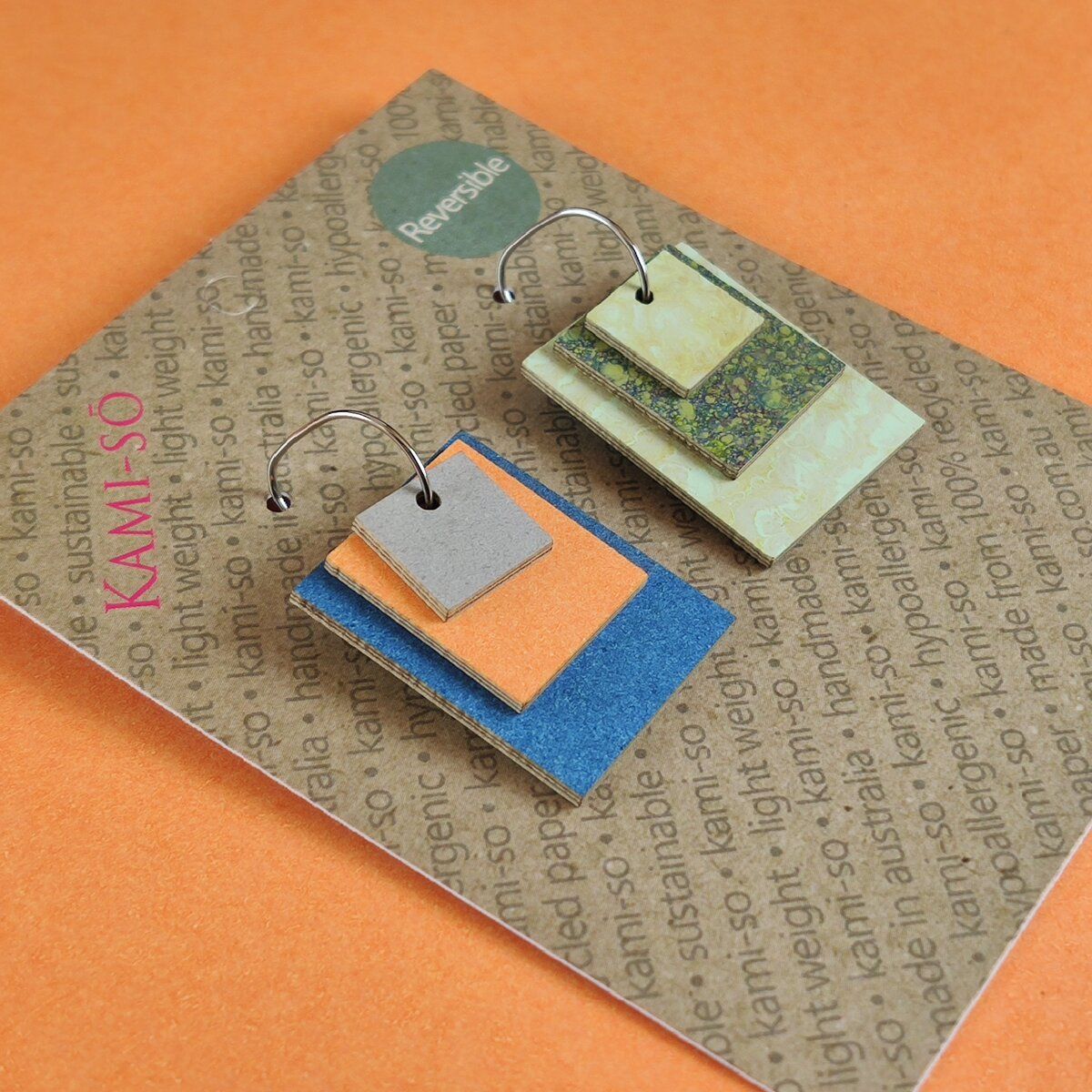 Reverse-A-Tile Expanding Rectangle Recycled Paper Earrings - Mint & Dark Speckle / Light Grey, Orange & Blue