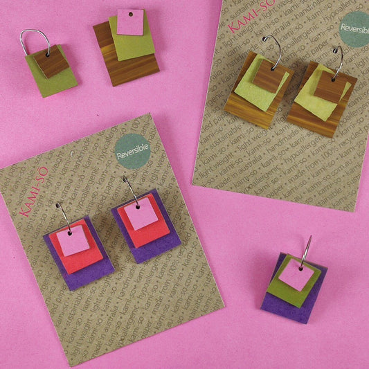 Reverse-A-Tile Expanding Rectangle Recycled Paper Earrings - Brown Stripe & Green / Pink, Red & Purple