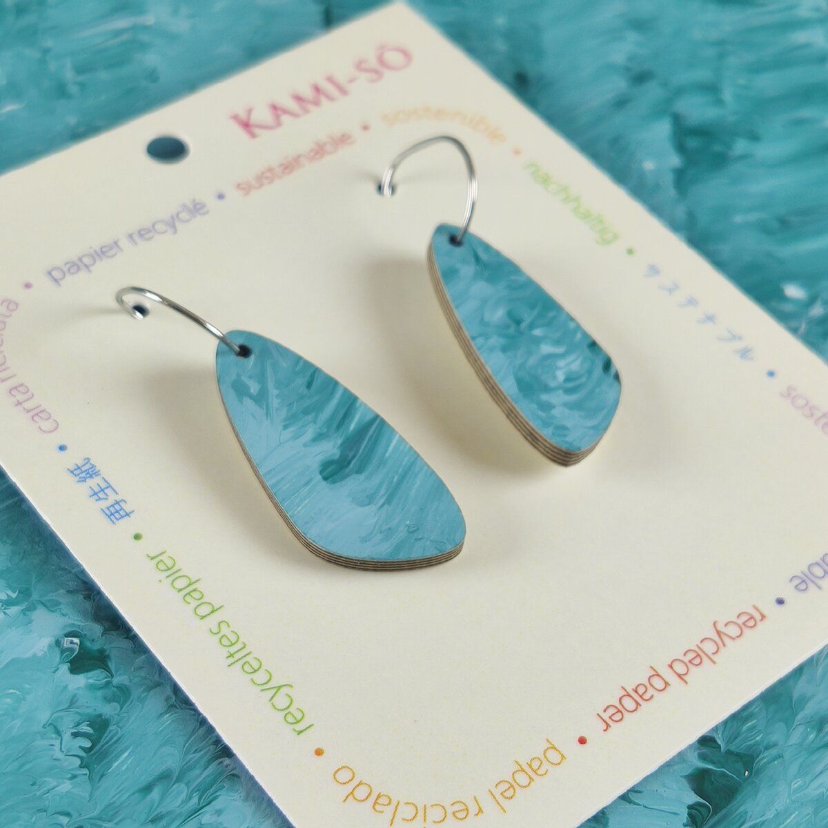 Oval Recycled Paper Earrings - Blue & Green Brushstrokes