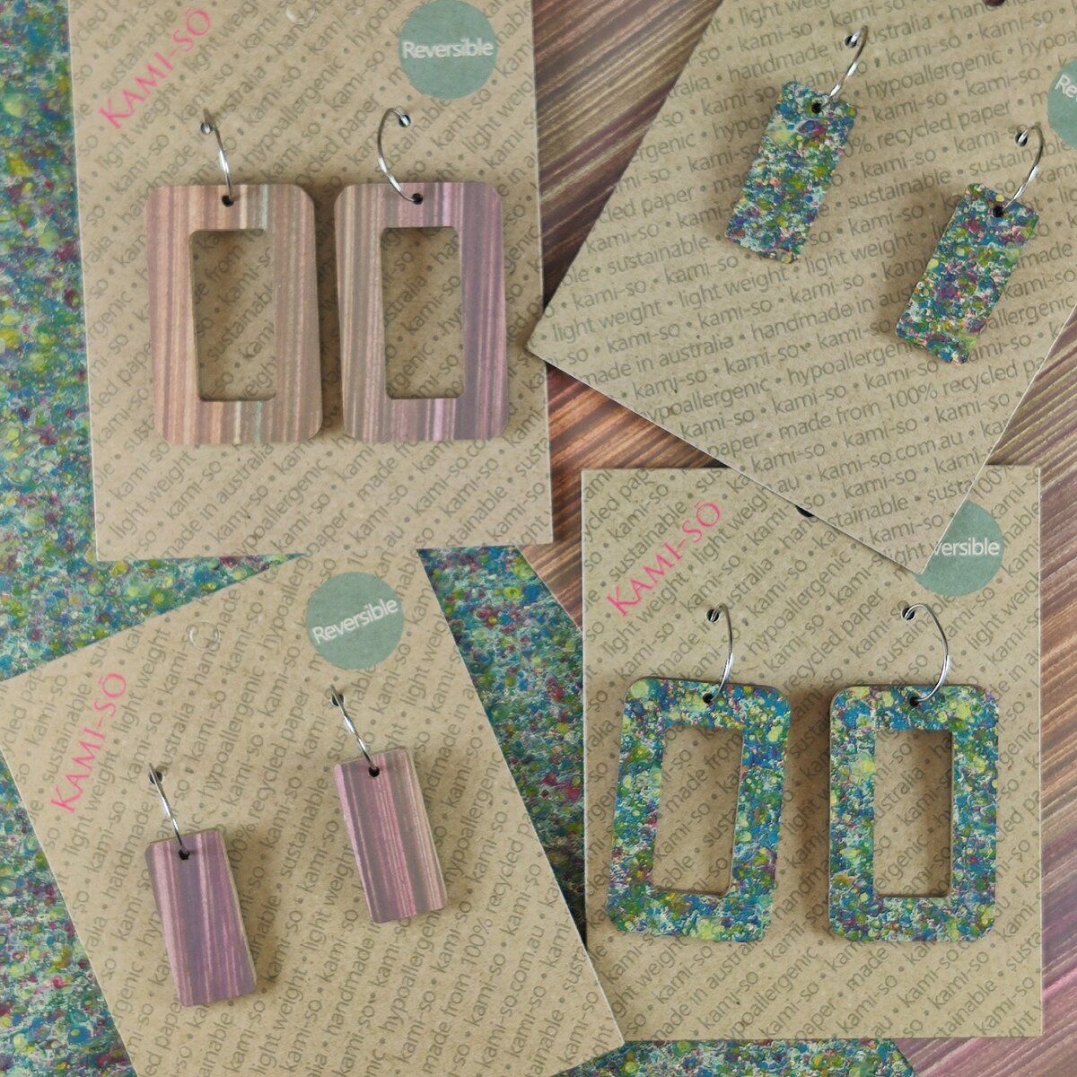 Reversible Rectangle Recycled Paper Earrings - Violet Multicolour Stripe / Blue Green Speckle