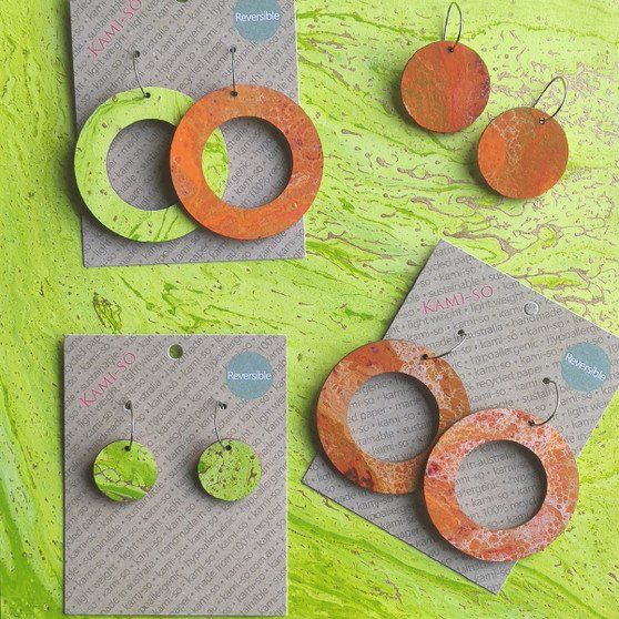 Reversible Circle Recycled Paper Earrings - Green & Gold / Orange