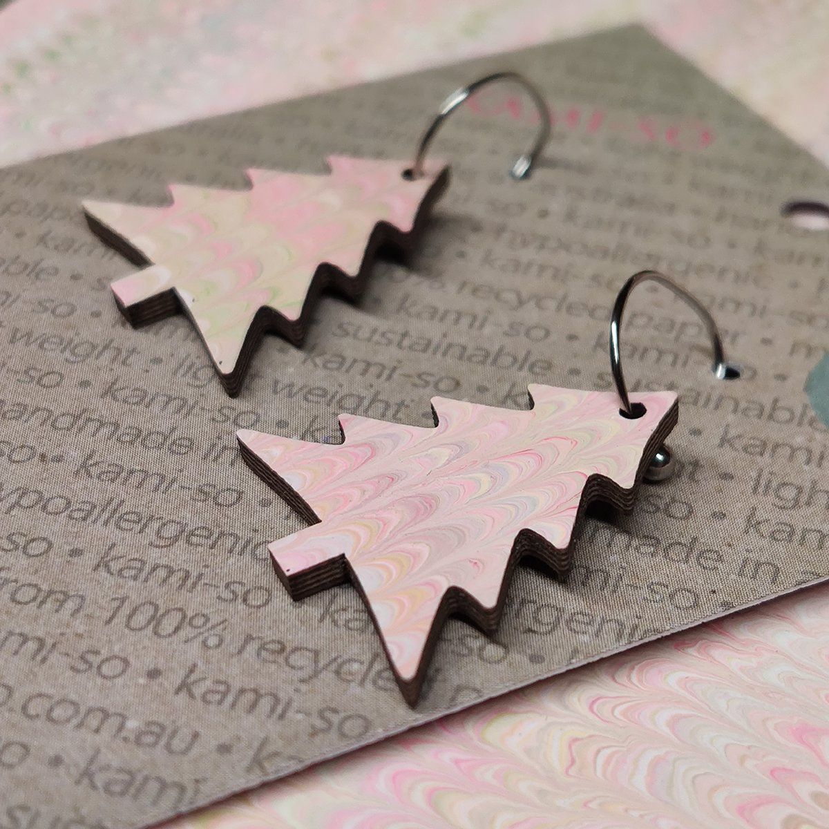 Reversible Christmas Tree Recycled Paper Earrings - Green Stripes / Pink Pattern