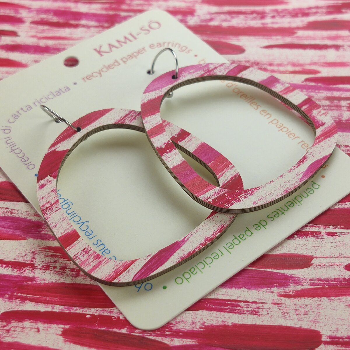 Square Recycled Paper Earrings - Red Stripes