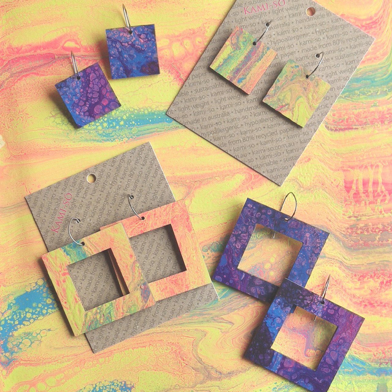 Reversible Square Recycled Paper Earrings - Purple / Yellow & Blue Multicolour