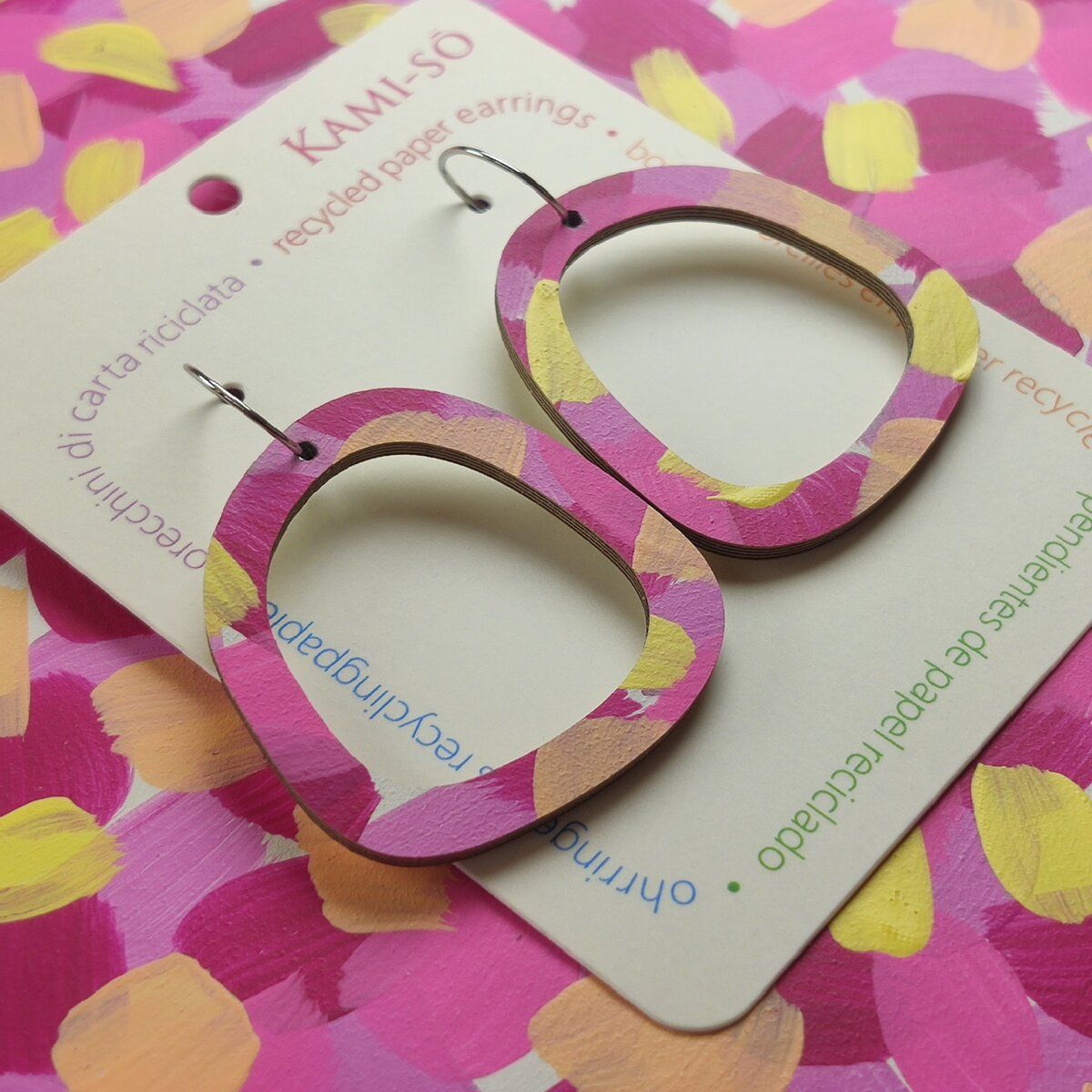 Square Recycled Paper Earrings - Pink, Yellow & Aricot