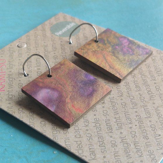 Reversible Square Recycled Paper Earrings - Dark Gold Multicolour / Blue