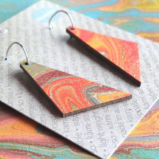 Reversible Triangle Recycled Paper Earrings - Orange Multicolour / Blue