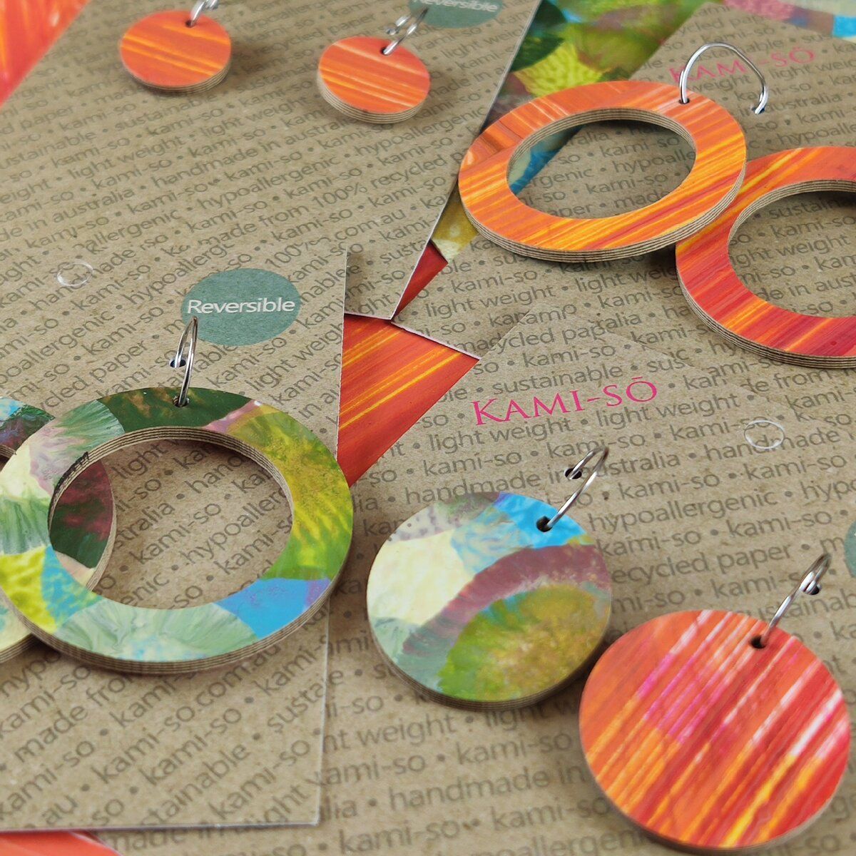 Reversible Circle Recycled Paper Earrings - Orange Swipe / Blue, Green, Plum & Gold