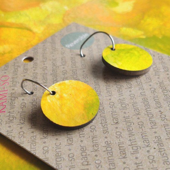 Reversible Circle Recycled Paper Earrings - Citrus / Burgundy & Gold