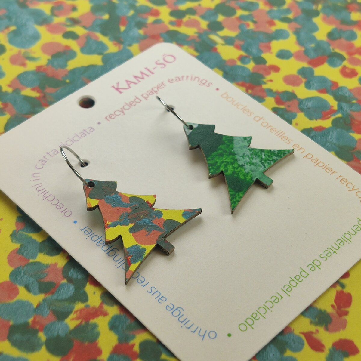 Reversible Christmas Tree Recycled Paper Earrings - Green / Yellow, Blue & Red