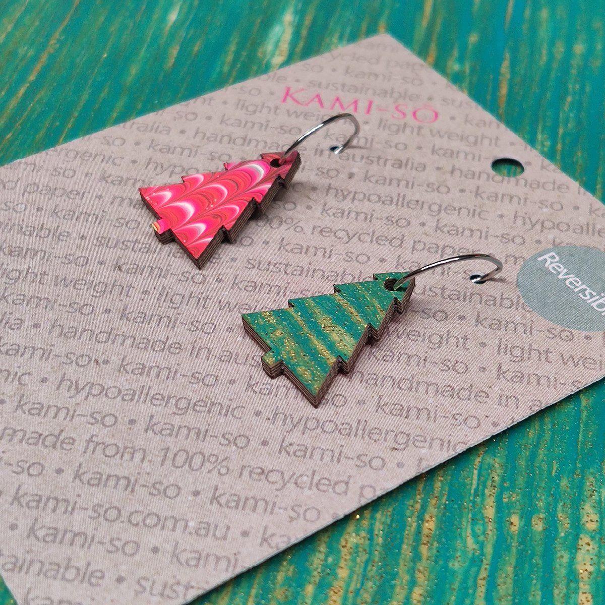 Reversible Christmas Tree Recycled Paper Earrings - Teal & Gold Stripes / Pink Pattern