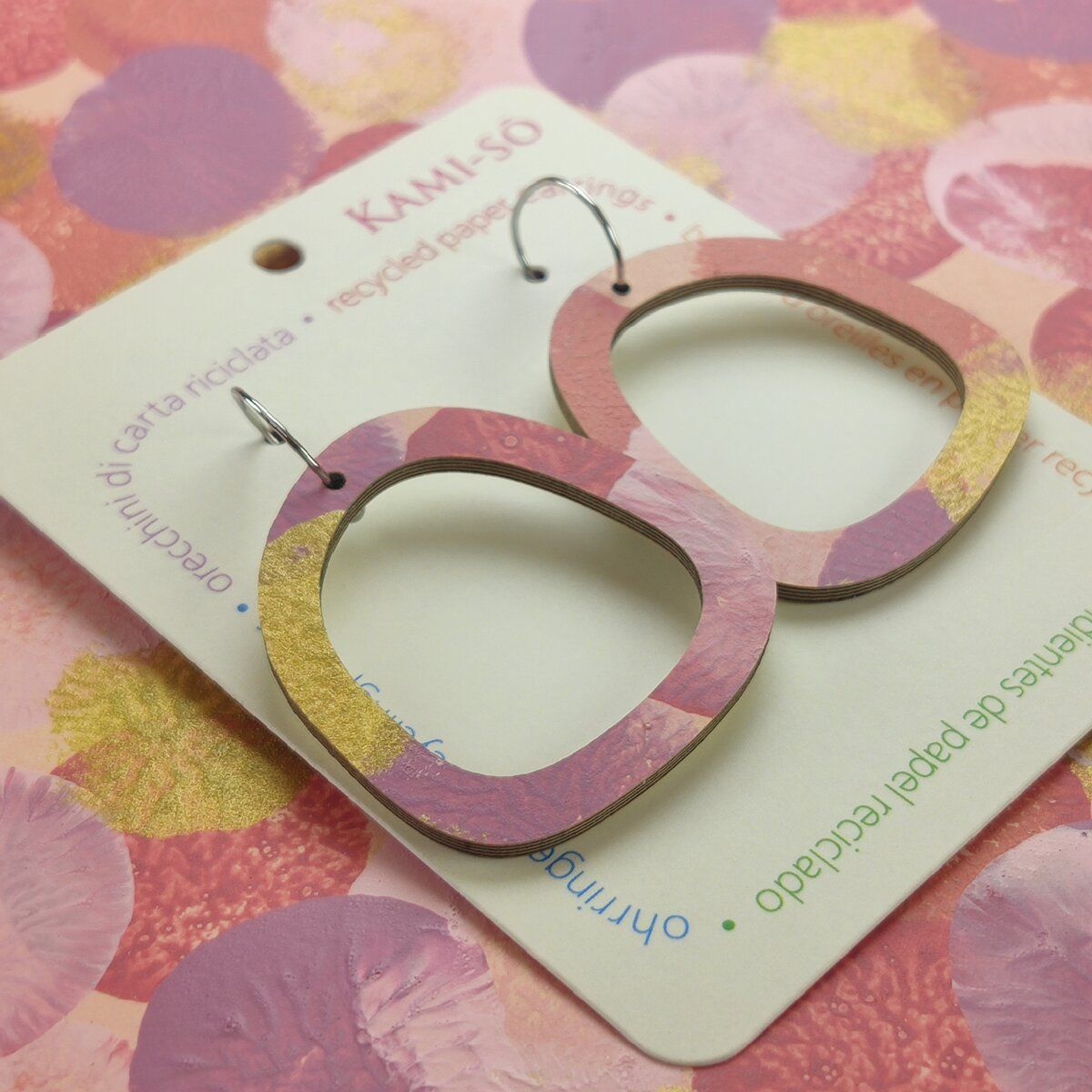 Square Recycled Paper Earrings - Pink, Violet & Gold