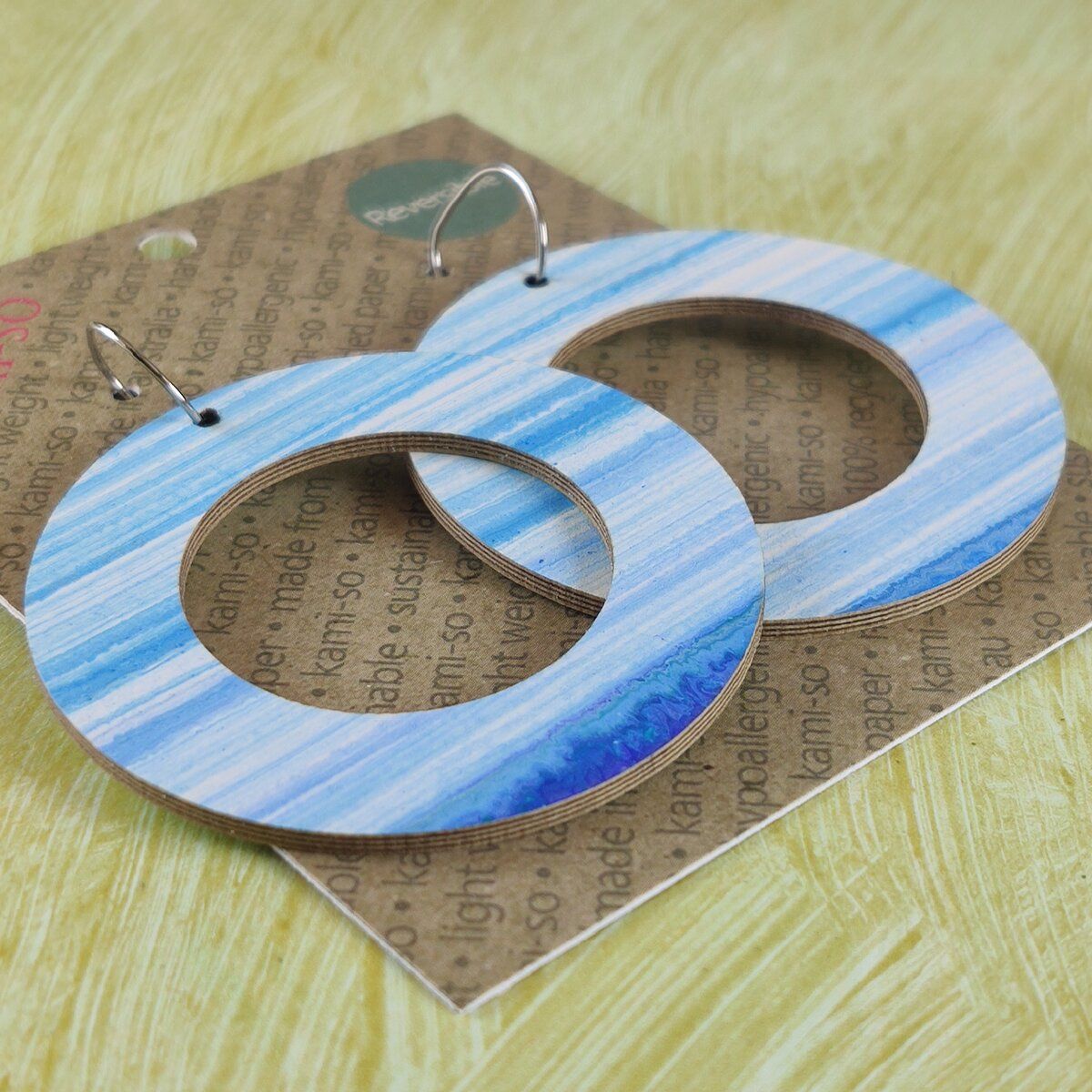 Reversible Circle Recycled Paper Earrings - Blue & White / Mint & Gold