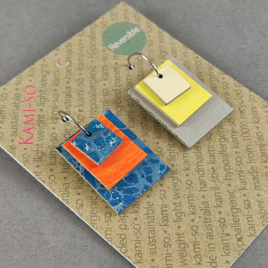 Reverse-A-Tile Expanding Rectangle Recycled Paper Earrings - Blue & Orange / Cream, Yellow & Light Grey