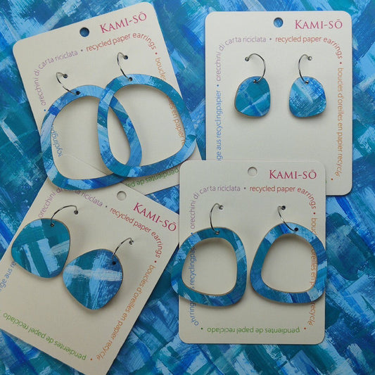 Square Recycled Paper Earrings - Blue Brushstrokes