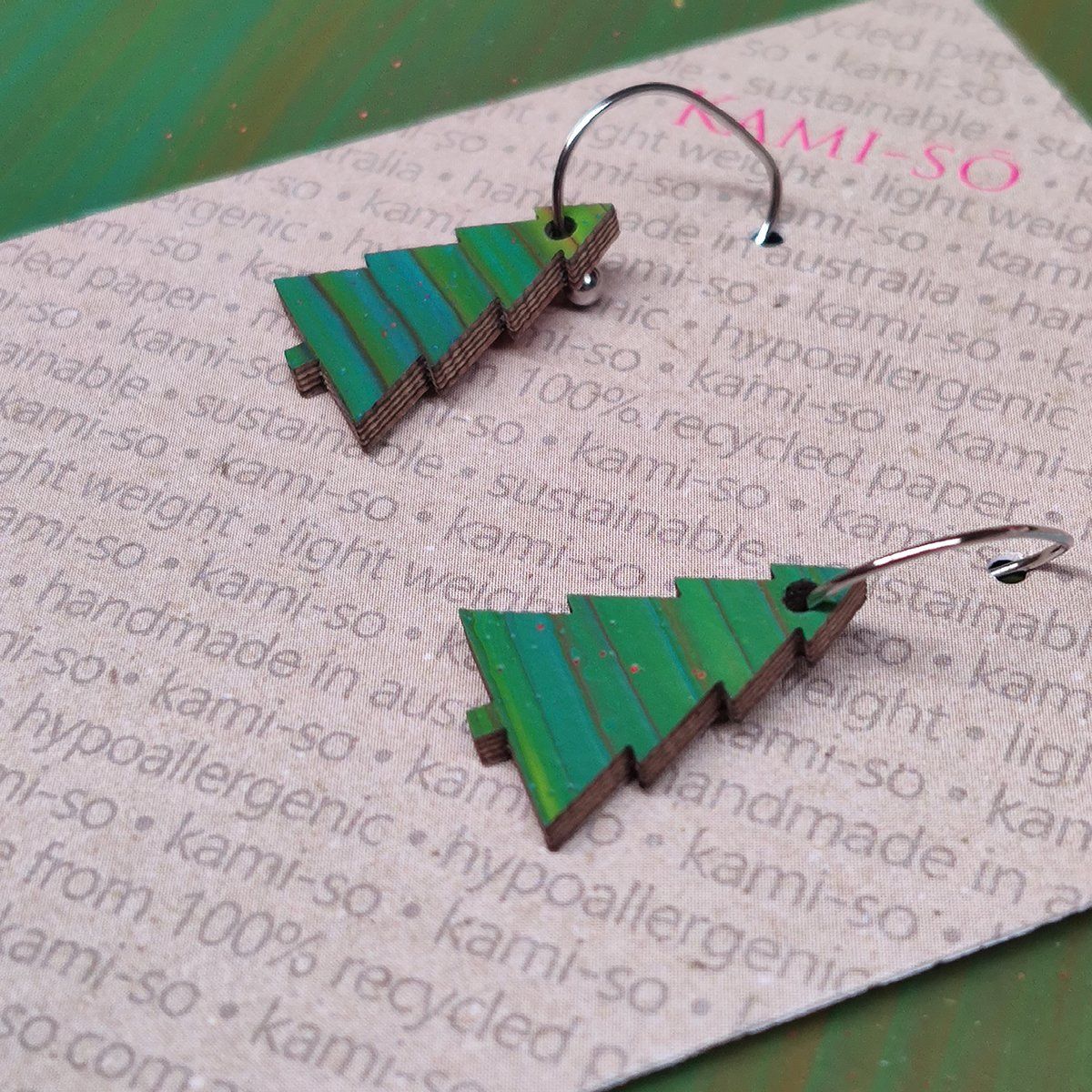 Reversible Christmas Tree Recycled Paper Earrings - Green Stripes / Pink Pattern