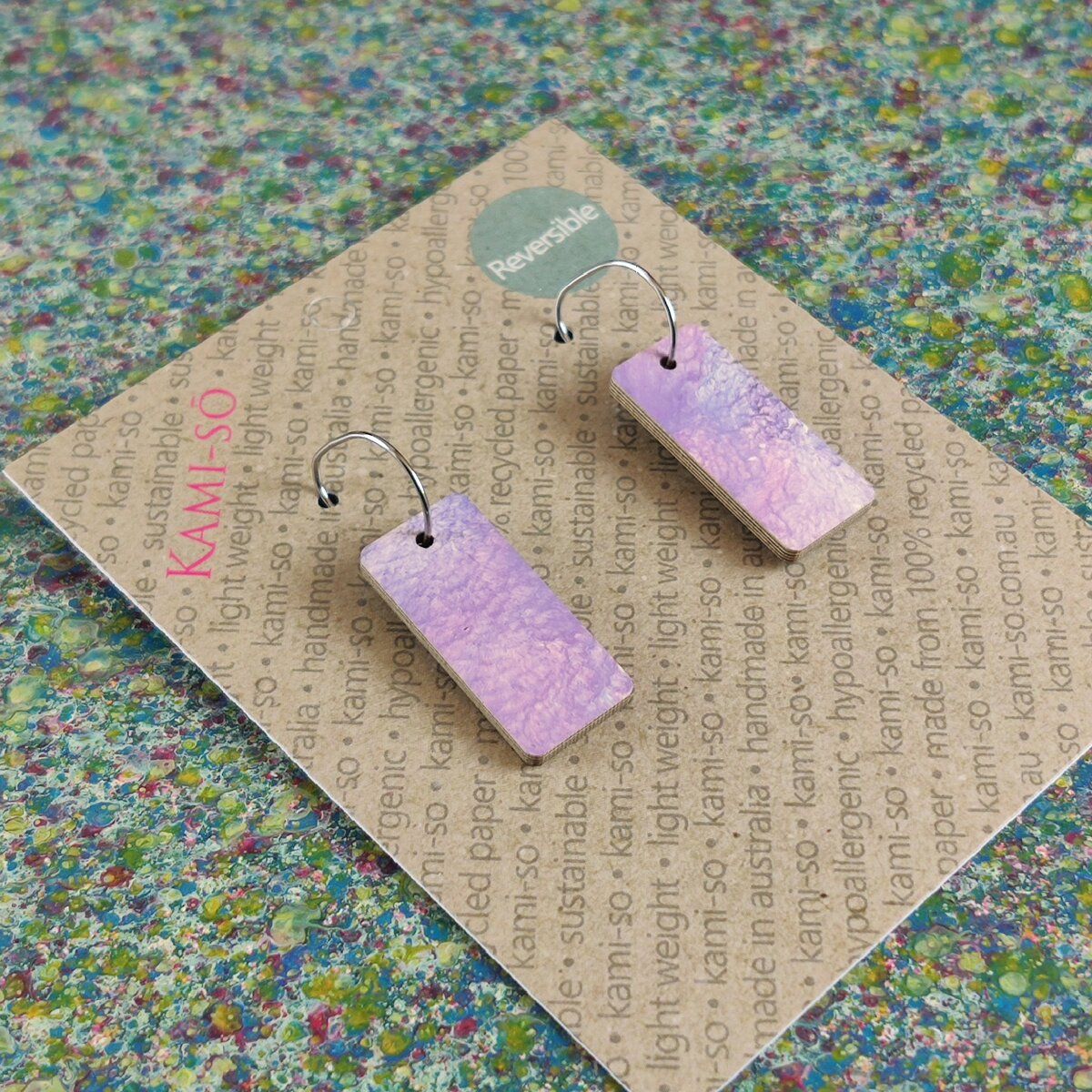 Reversible Rectangle Recycled Paper Earrings - Dark Speckle / Lilac