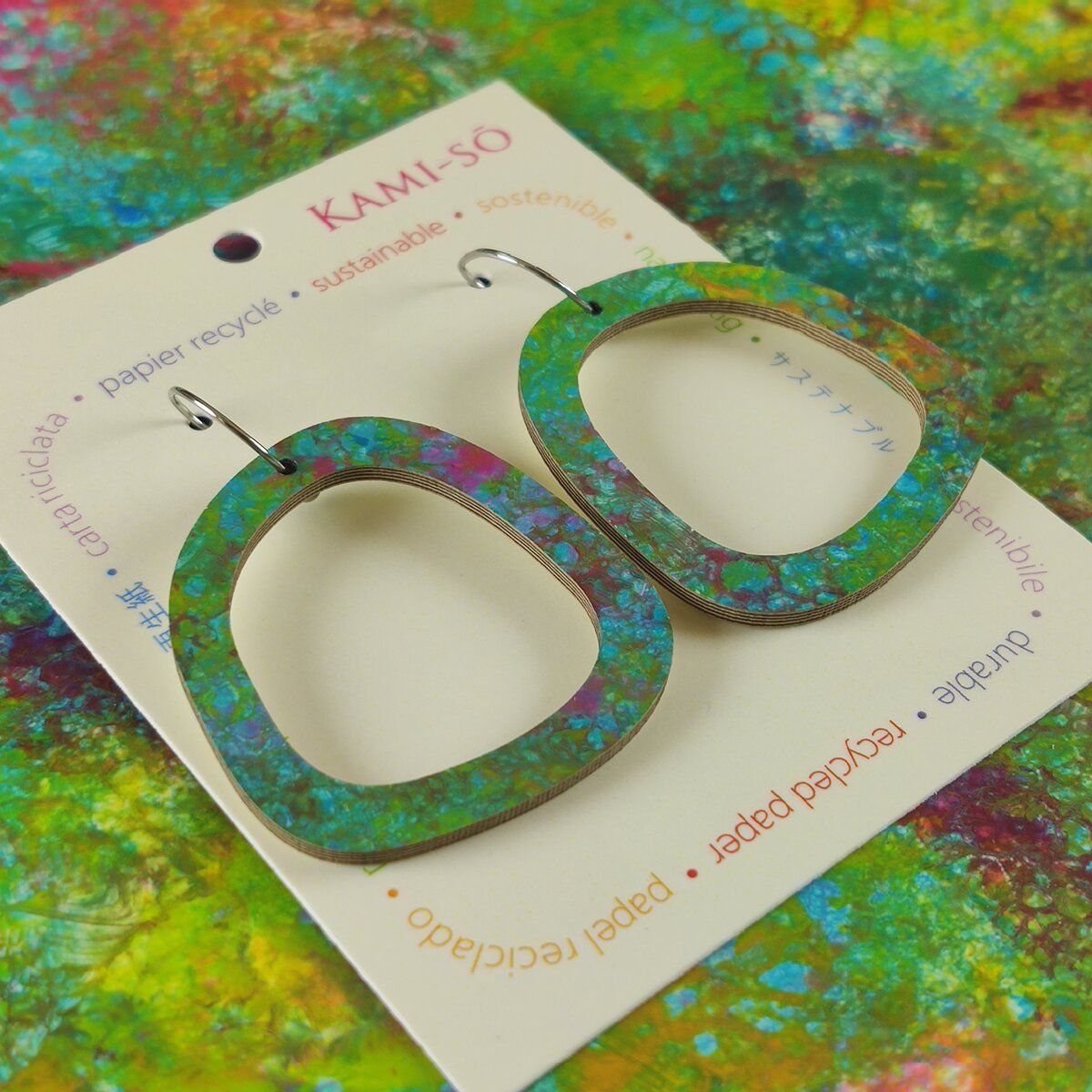 Square Recycled Paper Earrings - Green Multicolour